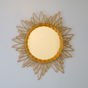 Miroir soleil vintage en rotin