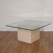 Table basse vintage travertin et verre 1970