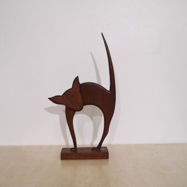 Statuette vintage de chat en teck 